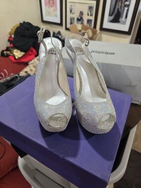 Stuart Weitzman Silver Holographic Glitter Peep-Toe Slingbacks